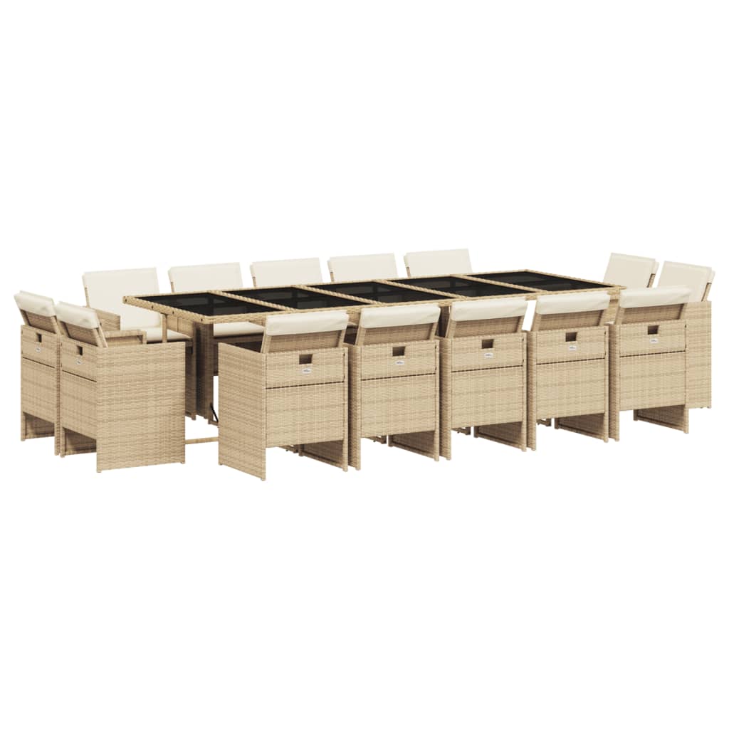 15 Piece Garden Dining Set with Cushions Beige Poly Rattan