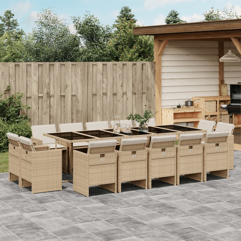 15 Piece Garden Dining Set with Cushions Beige Poly Rattan