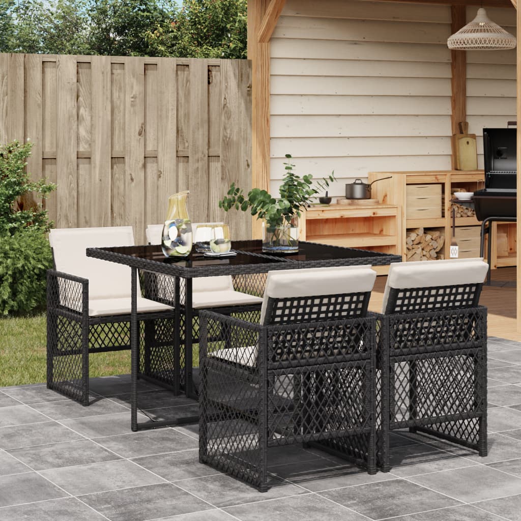 5 Piece Garden Dining Set with Cushions Black Poly Rattan