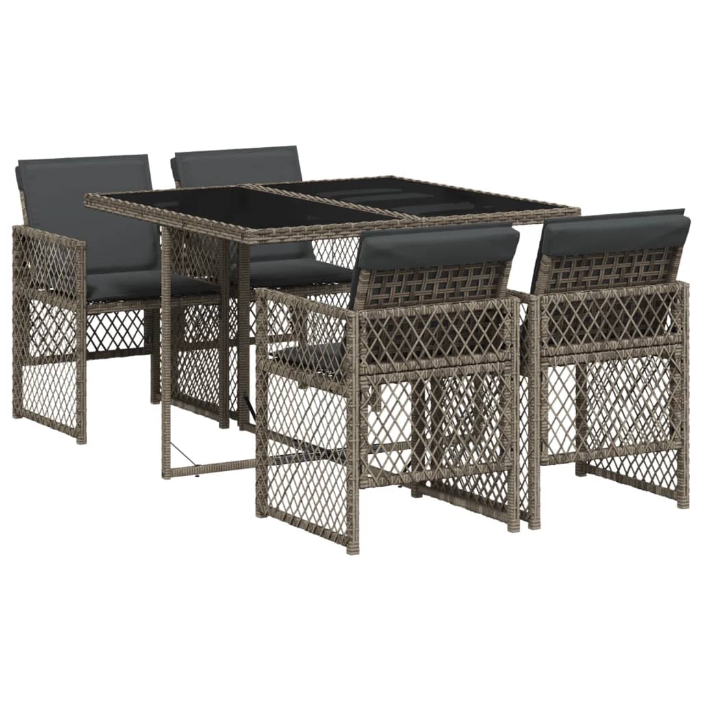5 Piece Garden Dining Set with Cushions Grey Poly Rattan