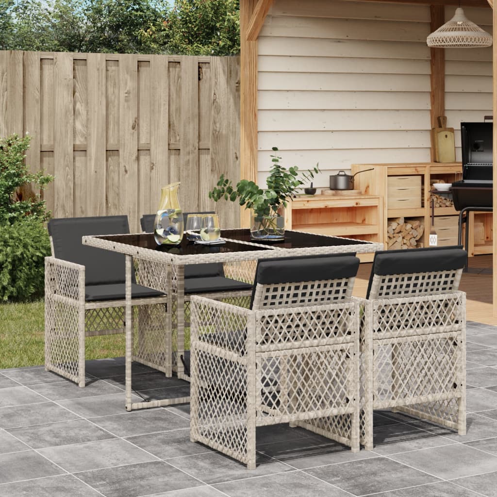 5 Piece Garden Dining Set with Cushions Light Grey Poly Rattan