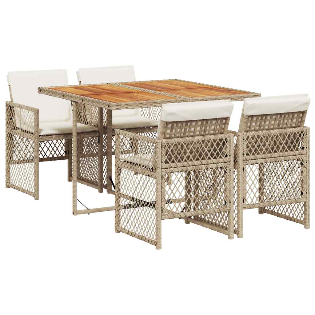 5 Piece Garden Dining Set with Cushions Beige Poly Rattan
