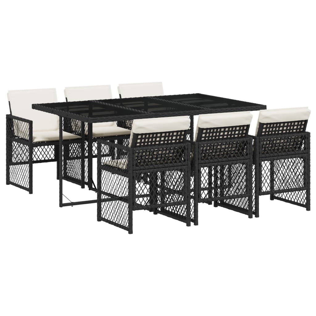 7 Piece Garden Dining Set with Cushions Black Poly Rattan