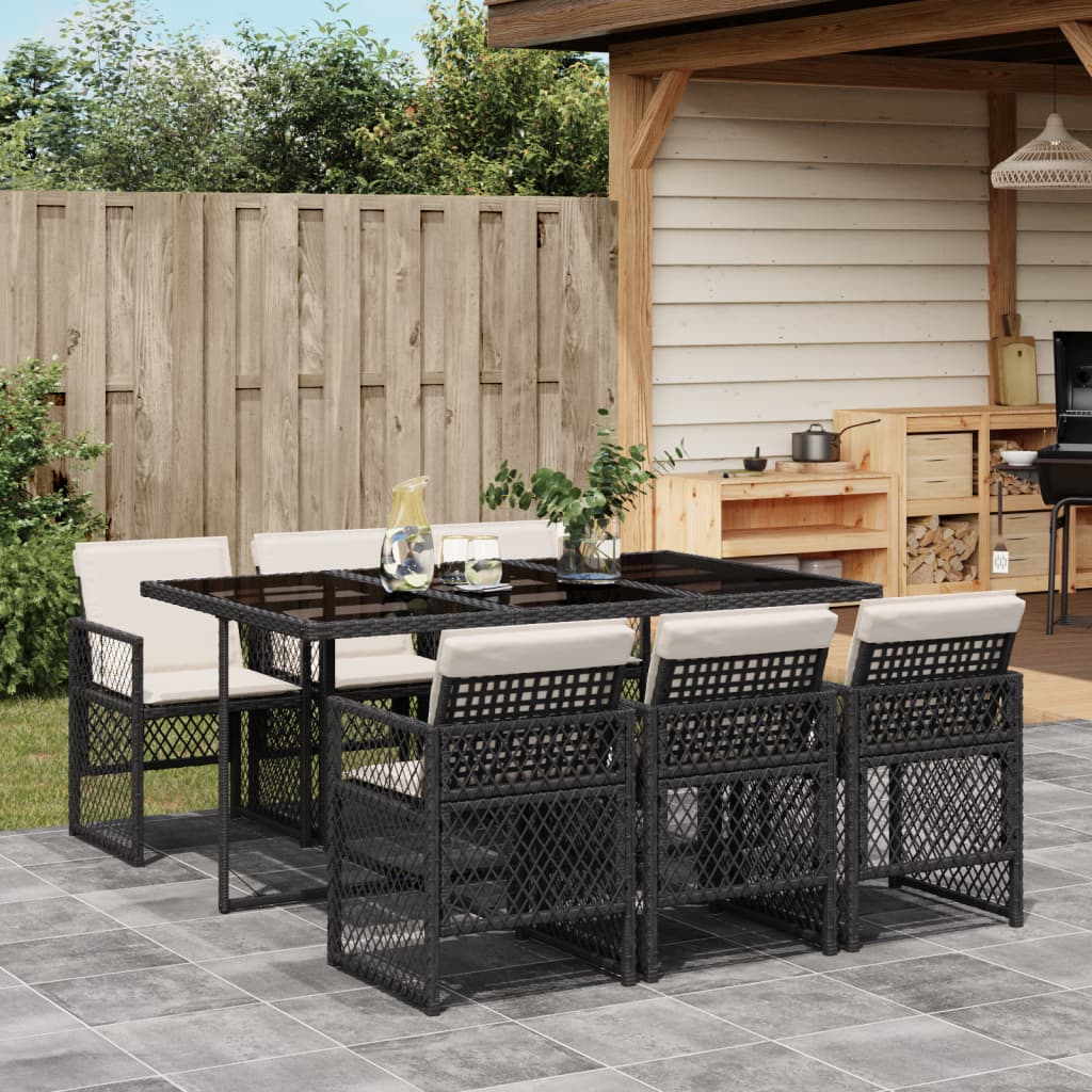 7 Piece Garden Dining Set with Cushions Black Poly Rattan