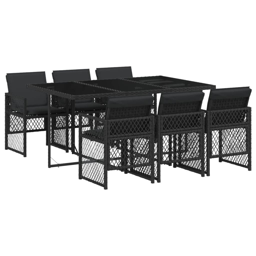 7 Piece Garden Dining Set with Cushions Black Poly Rattan