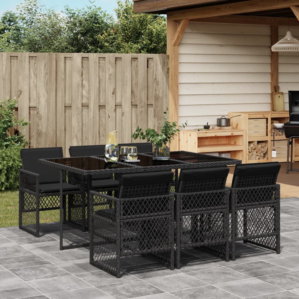 7 Piece Garden Dining Set with Cushions Black Poly Rattan