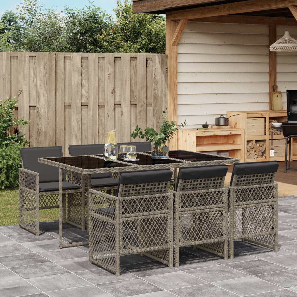 7 Piece Garden Dining Set with Cushions Grey Poly Rattan