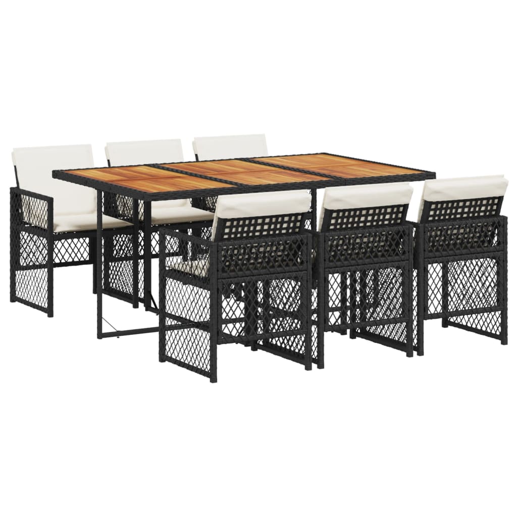 7 Piece Garden Dining Set with Cushions Black Poly Rattan