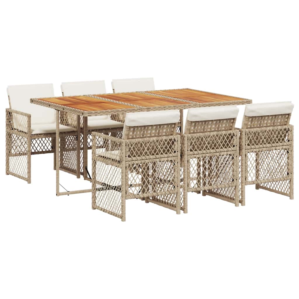 7 Piece Garden Dining Set with Cushions Beige Poly Rattan