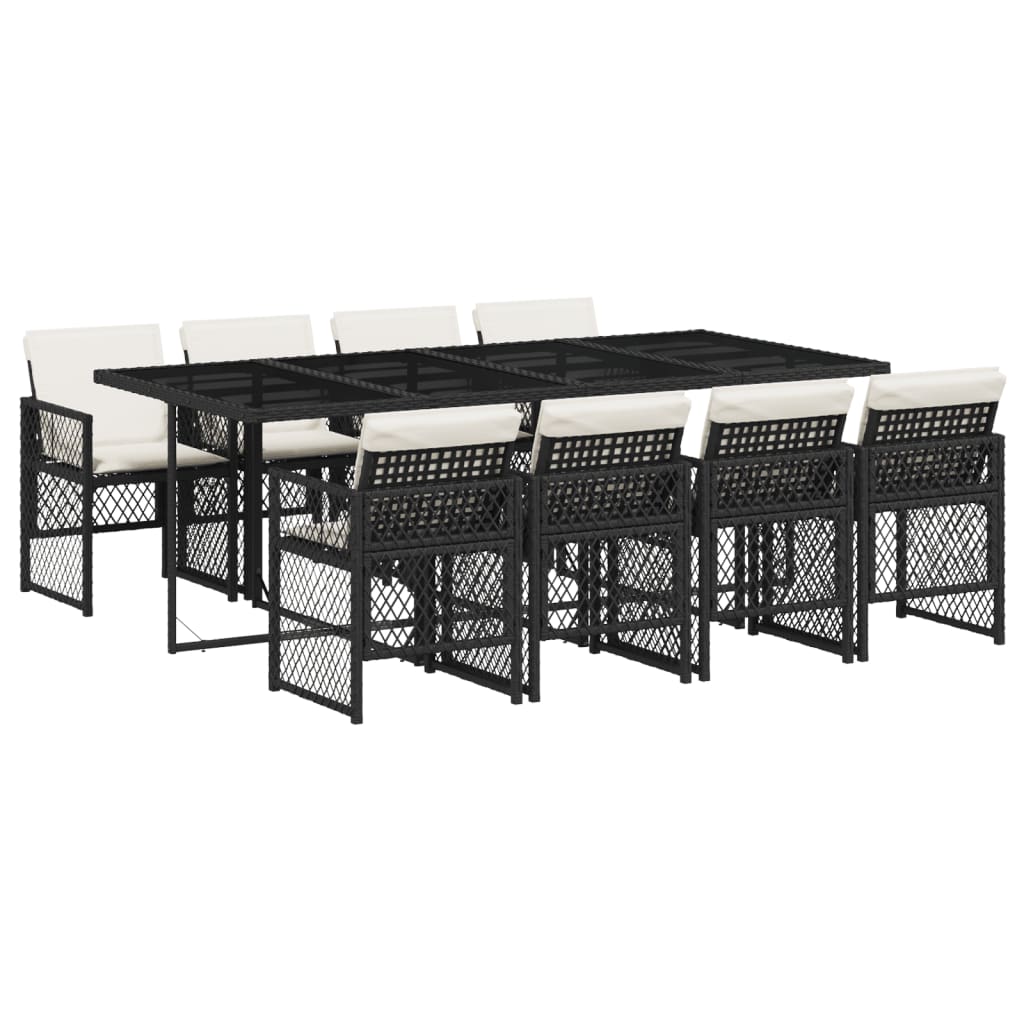 9 Piece Garden Dining Set with Cushions Black Poly Rattan