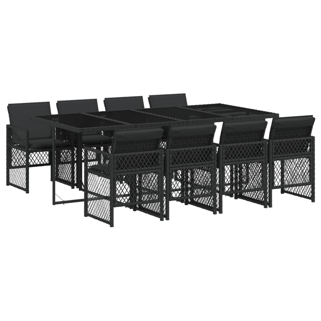 9 Piece Garden Dining Set with Cushions Black Poly Rattan