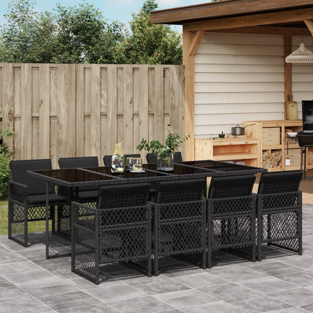 9 Piece Garden Dining Set with Cushions Black Poly Rattan