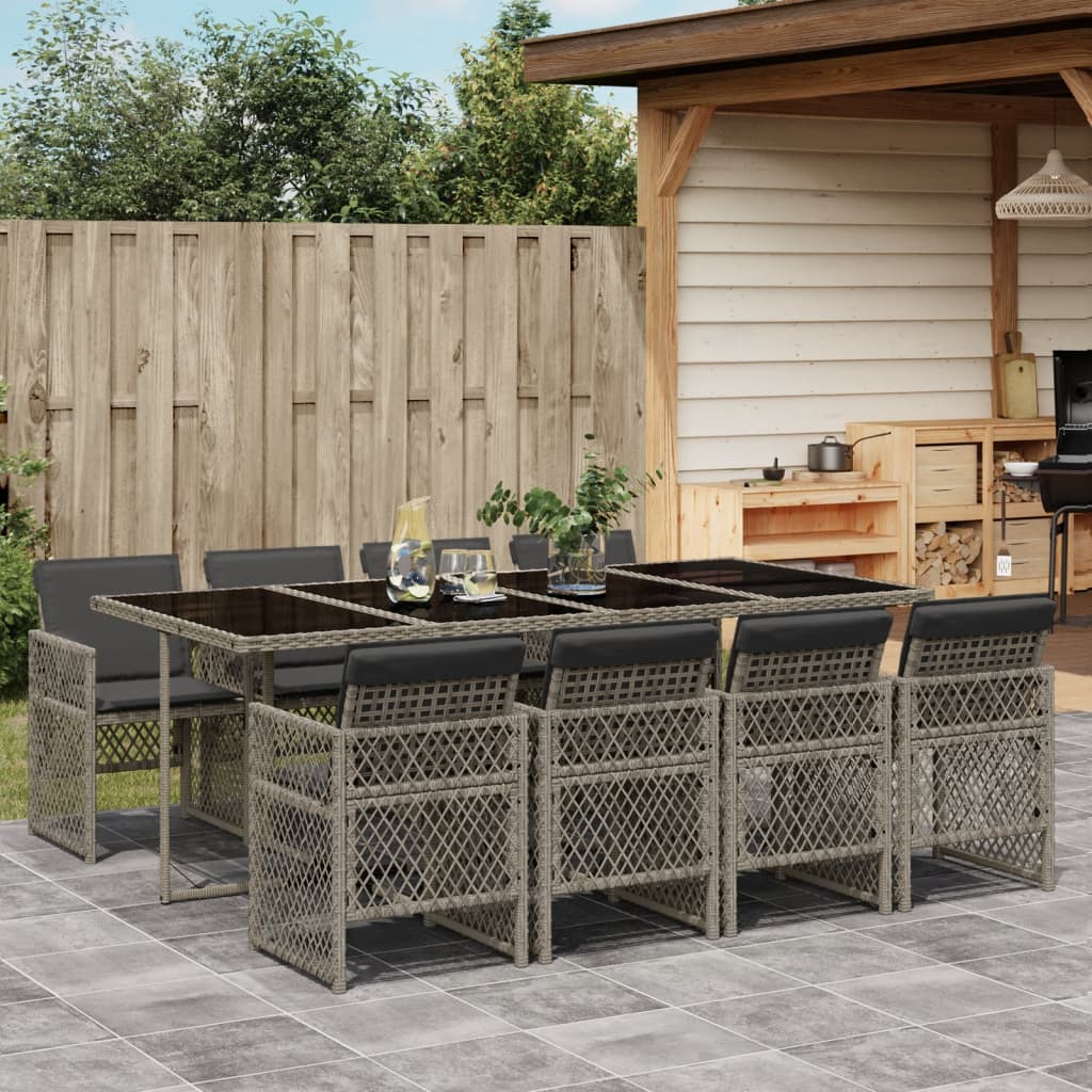9 Piece Garden Dining Set with Cushions Grey Poly Rattan