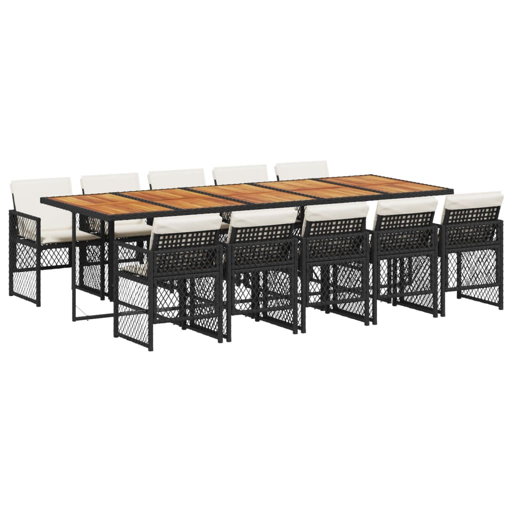 11 Piece Garden Dining Set with Cushions Black Poly Rattan