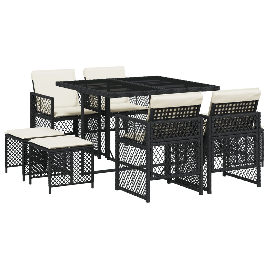 9 Piece Garden Dining Set with Cushions Black Poly Rattan