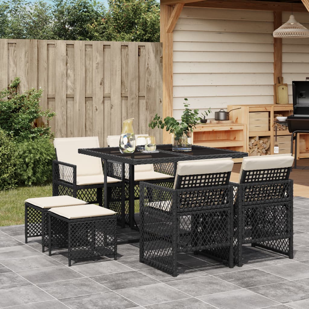 9 Piece Garden Dining Set with Cushions Black Poly Rattan