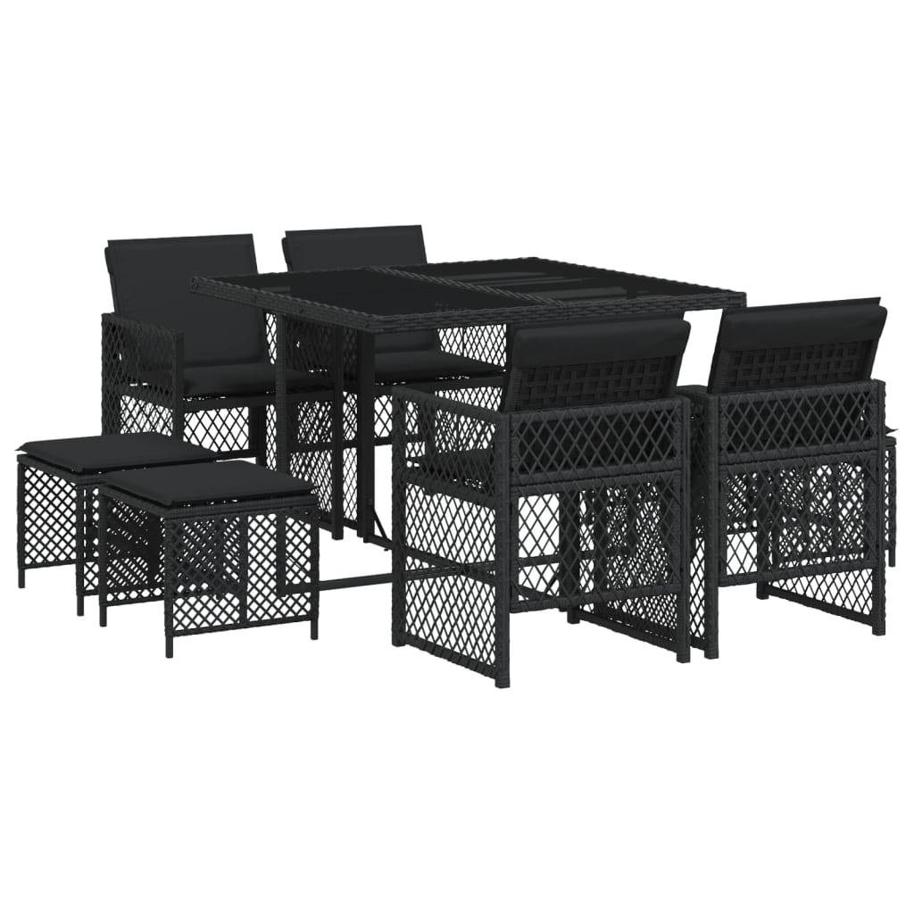 9 Piece Garden Dining Set with Cushions Black Poly Rattan