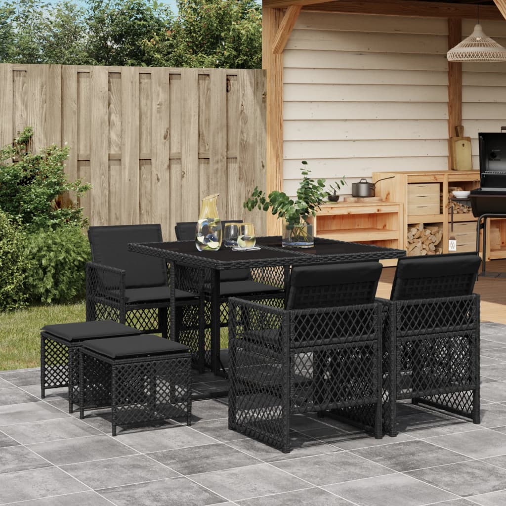 9 Piece Garden Dining Set with Cushions Black Poly Rattan