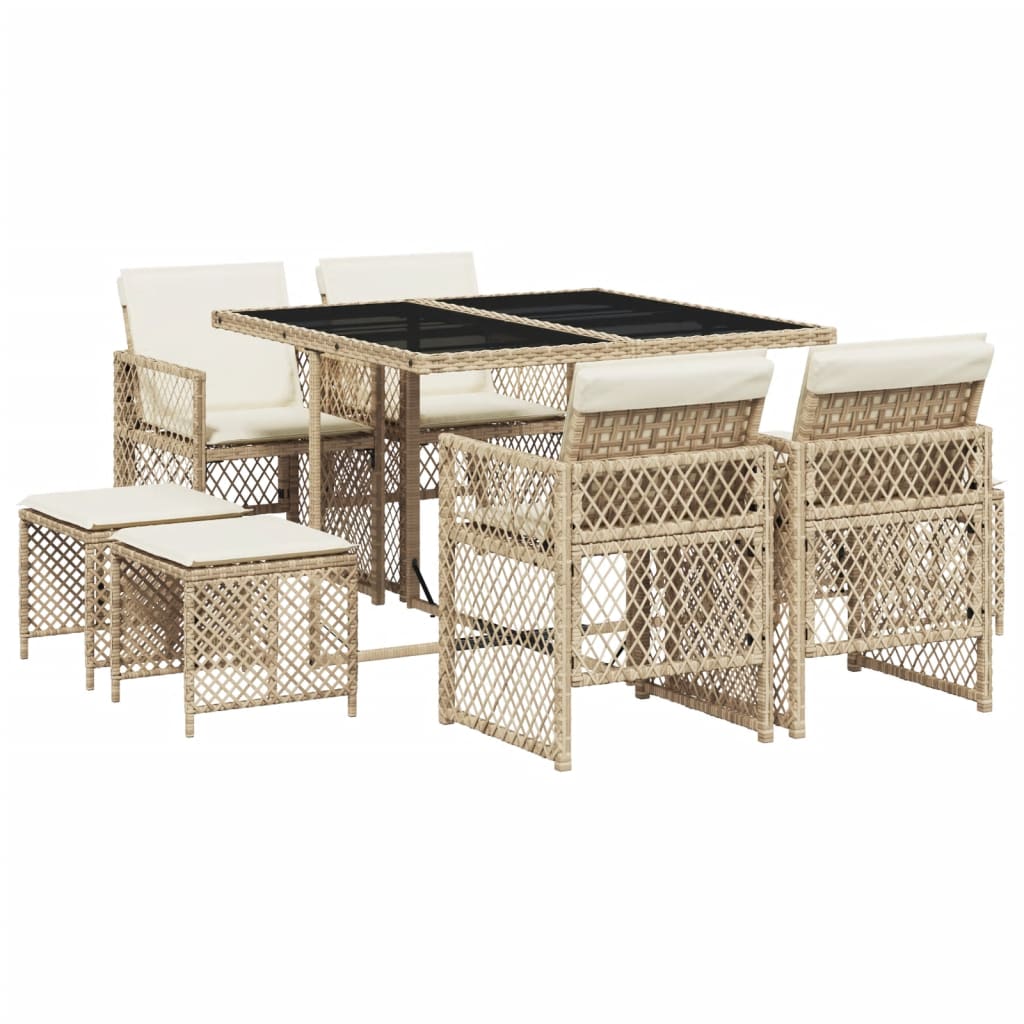 9 Piece Garden Dining Set with Cushions Beige Poly Rattan