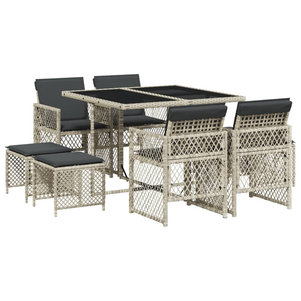 9 Piece Garden Dining Set with Cushions Light Grey Poly Rattan