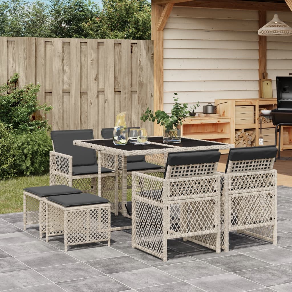 9 Piece Garden Dining Set with Cushions Light Grey Poly Rattan