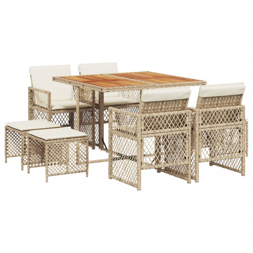 9 Piece Garden Dining Set with Cushions Beige Poly Rattan