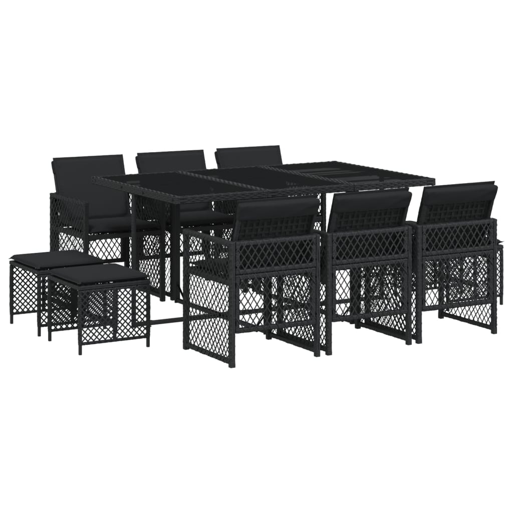 11 Piece Garden Dining Set with Cushions Black Poly Rattan