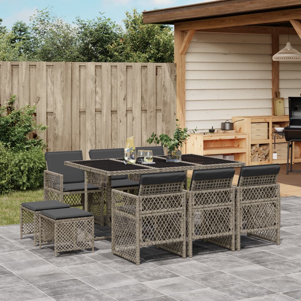 11 Piece Garden Dining Set with Cushions Grey Poly Rattan