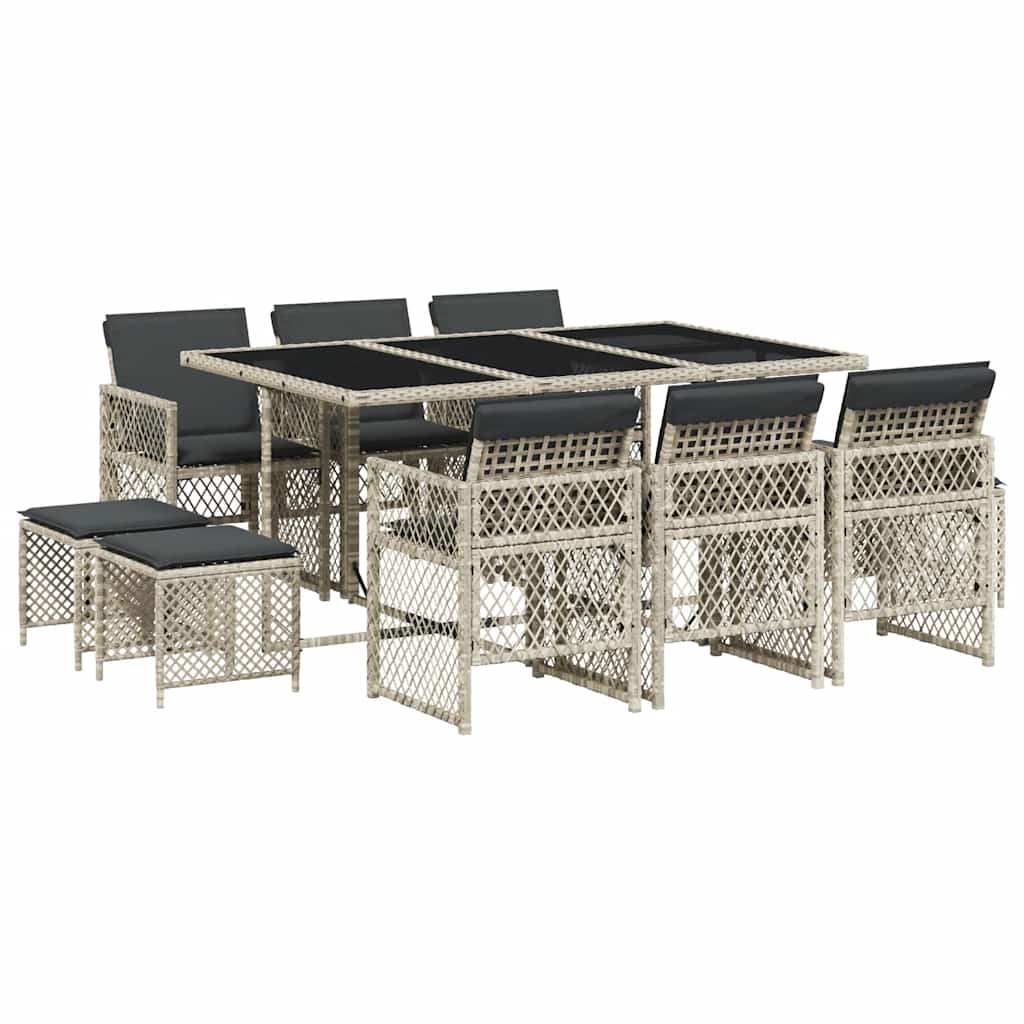 11 Piece Garden Dining Set with Cushions Light Grey Poly Rattan