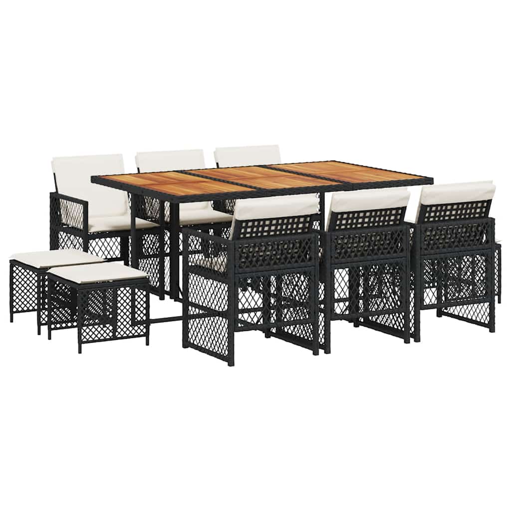11 Piece Garden Dining Set with Cushions Black Poly Rattan