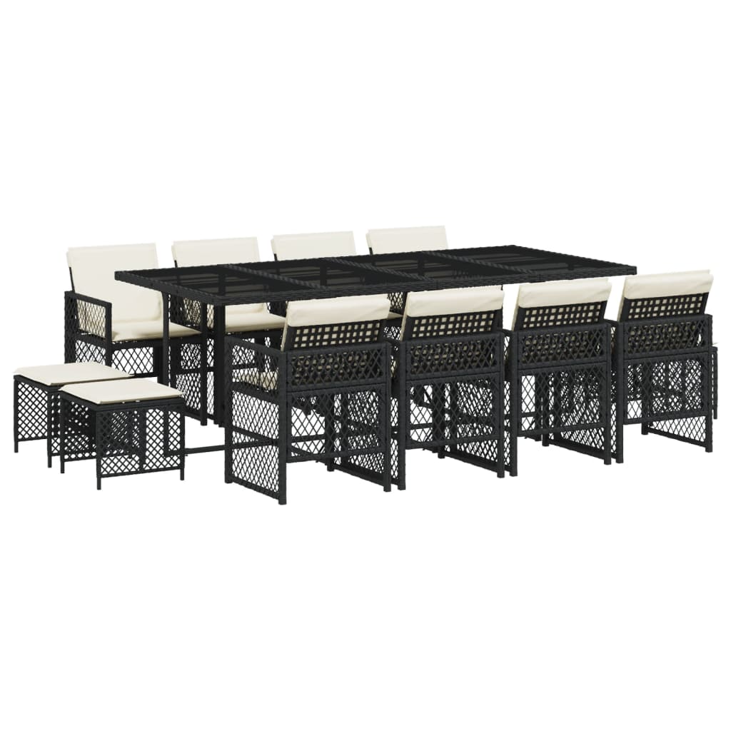 13 Piece Garden Dining Set with Cushions Black Poly Rattan