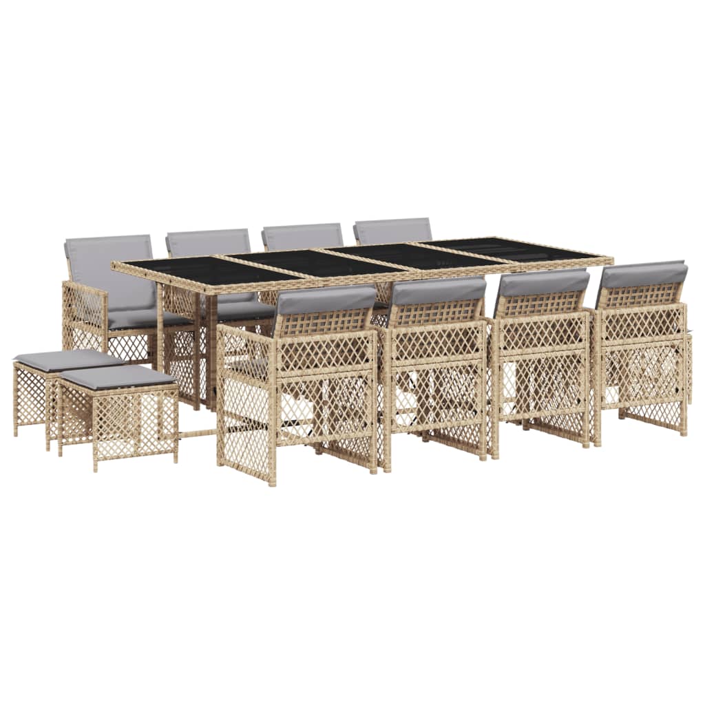 13 Piece Garden Dining Set with Cushions Beige Poly Rattan