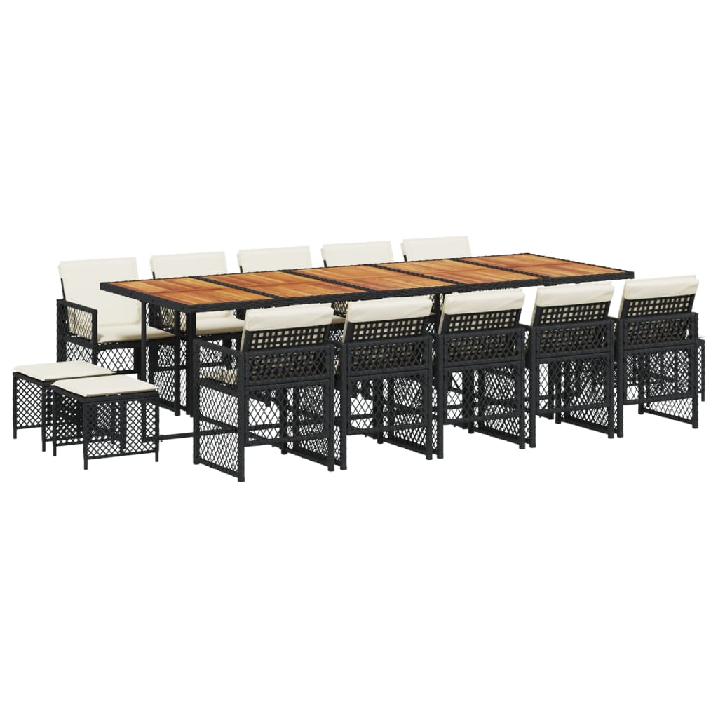 15 Piece Garden Dining Set with Cushions Black Poly Rattan