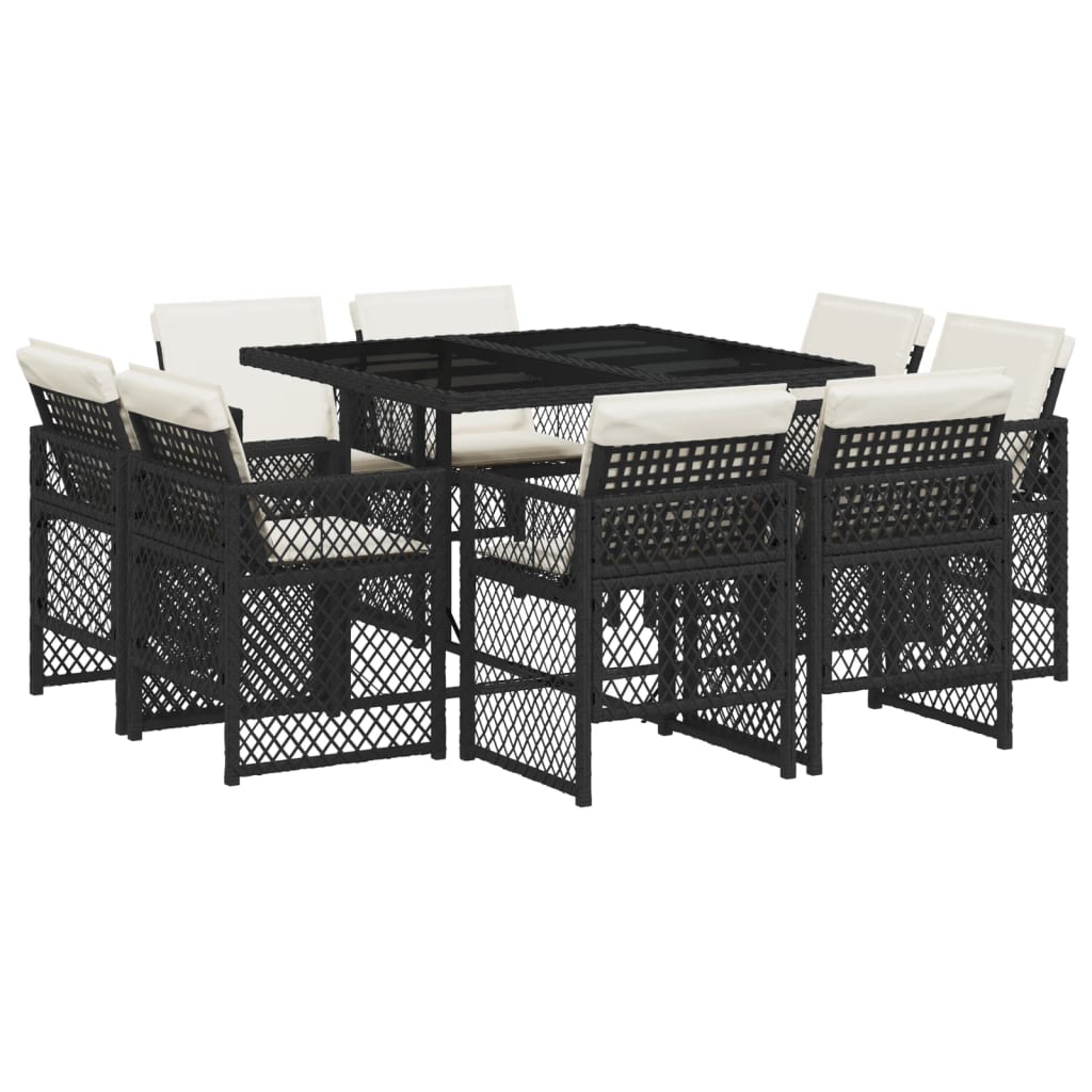 9 Piece Garden Dining Set with Cushions Black Poly Rattan