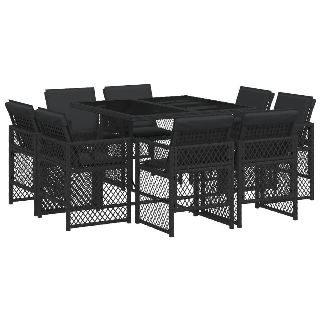 9 Piece Garden Dining Set with Cushions Black Poly Rattan