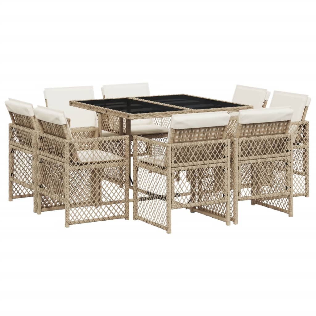 9 Piece Garden Dining Set with Cushions Beige Poly Rattan