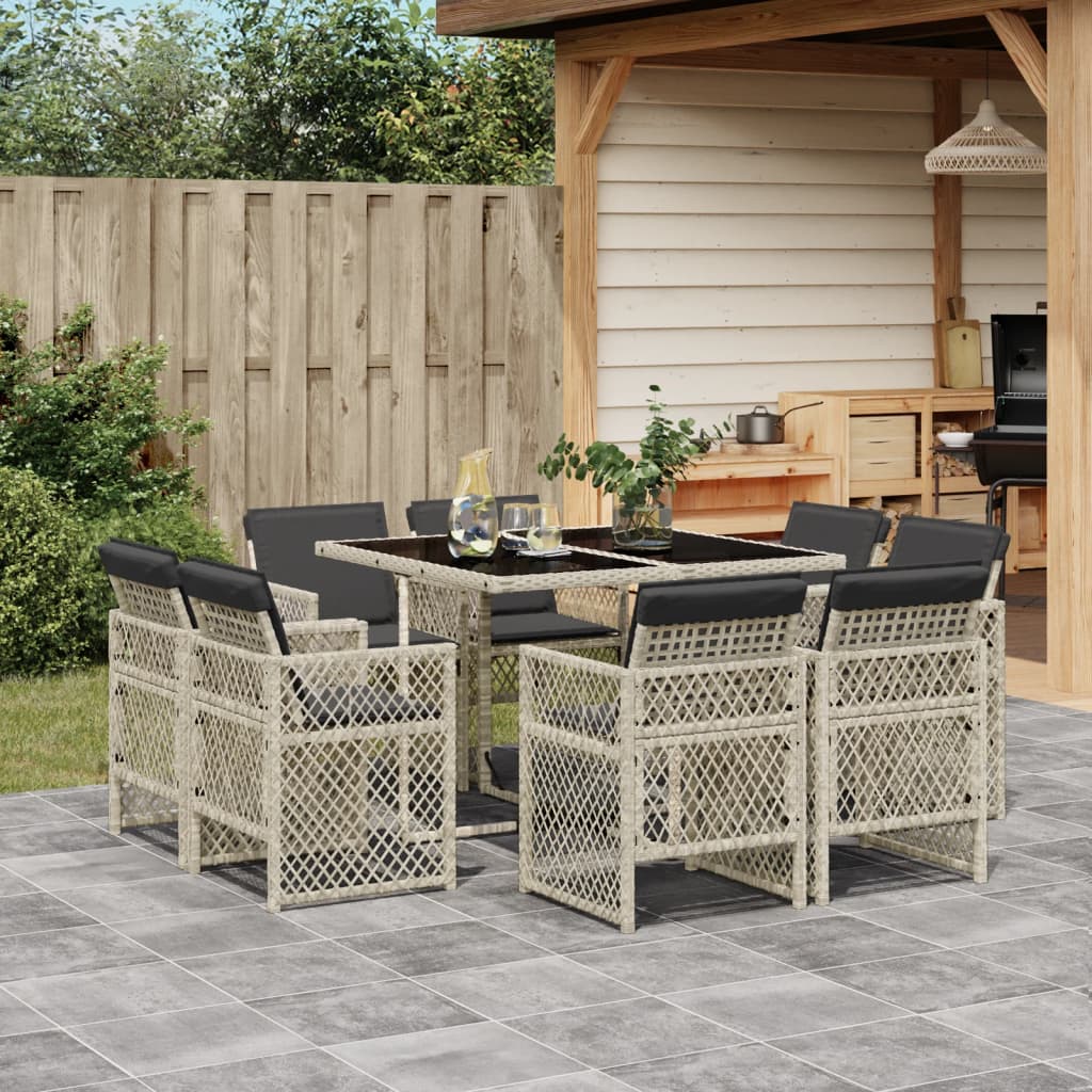 9 Piece Garden Dining Set with Cushions Light Grey Poly Rattan
