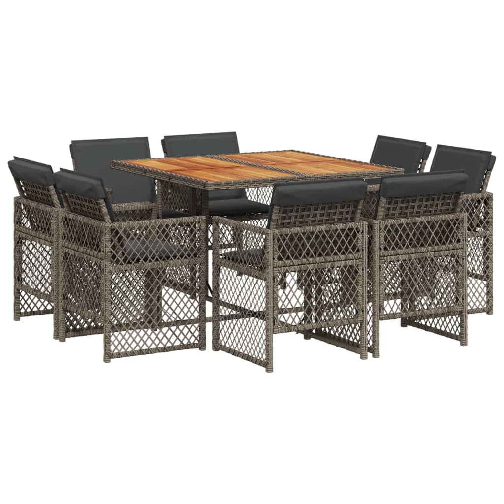 9 Piece Garden Dining Set with Cushions Grey Poly Rattan