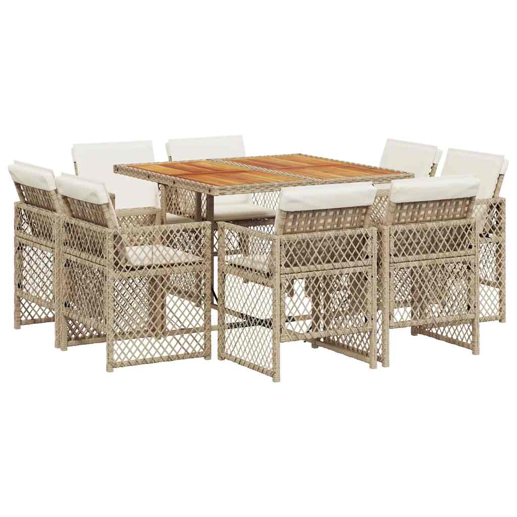 9 Piece Garden Dining Set with Cushions Beige Poly Rattan