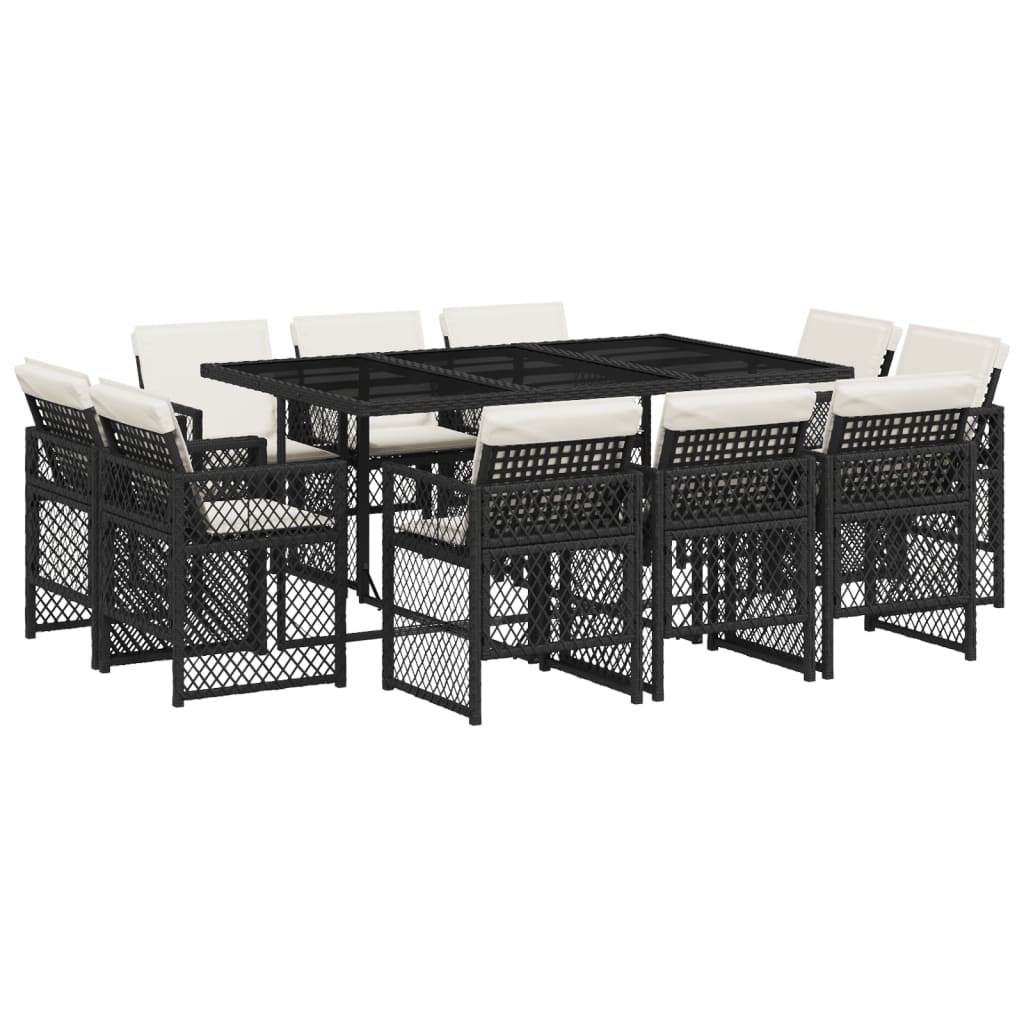 11 Piece Garden Dining Set with Cushions Black Poly Rattan