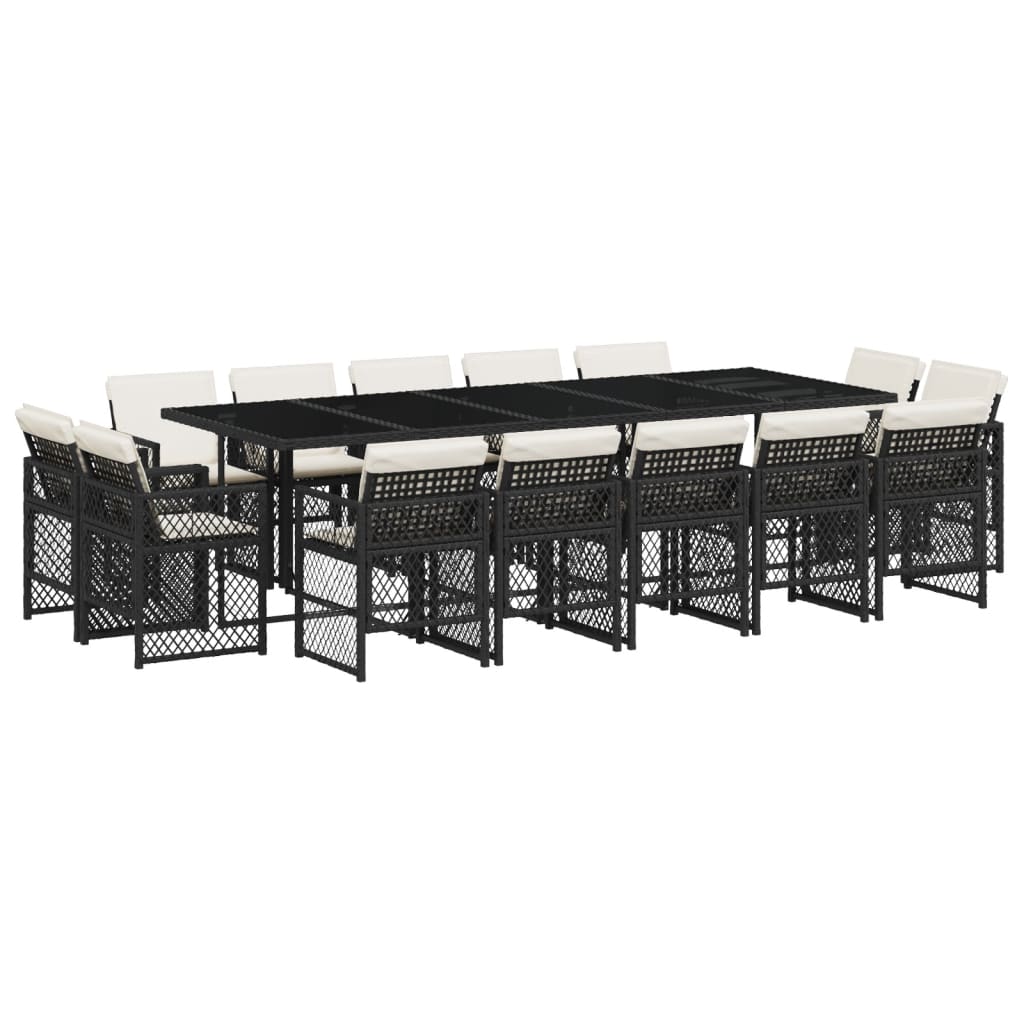15 Piece Garden Dining Set with Cushions Black Poly Rattan