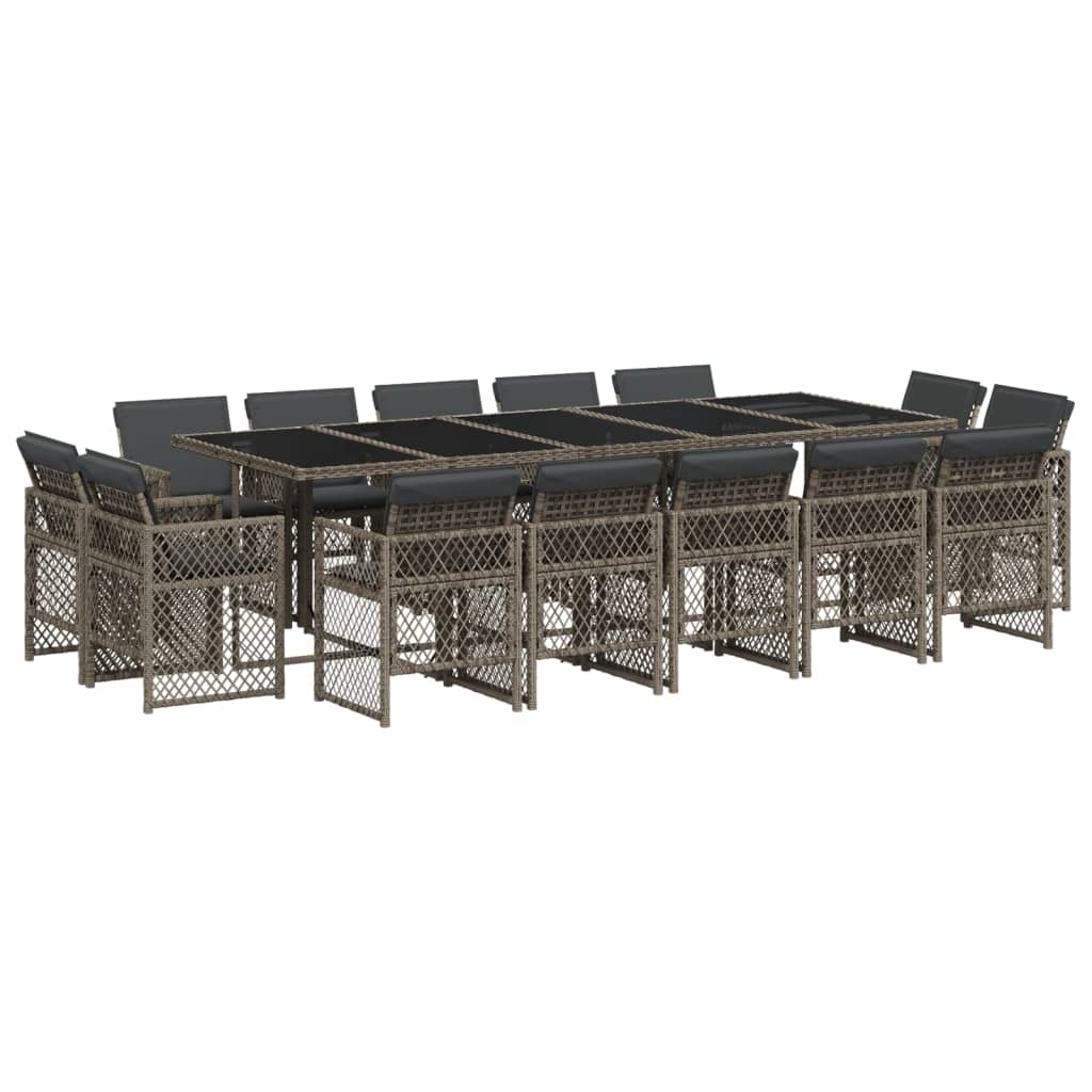 15 Piece Garden Dining Set with Cushions Grey Poly Rattan