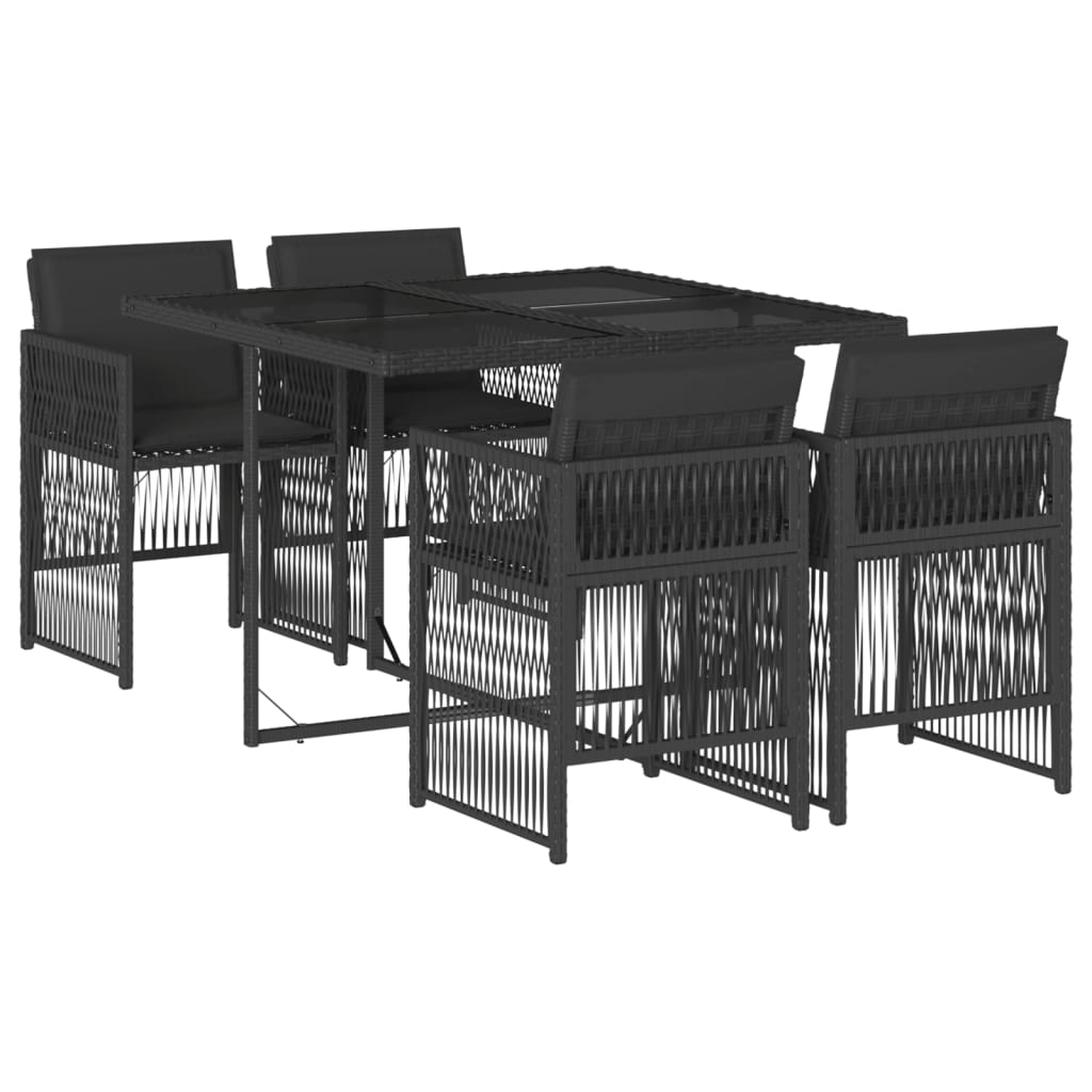 5 Piece Garden Dining Set with Cushions Black Poly Rattan