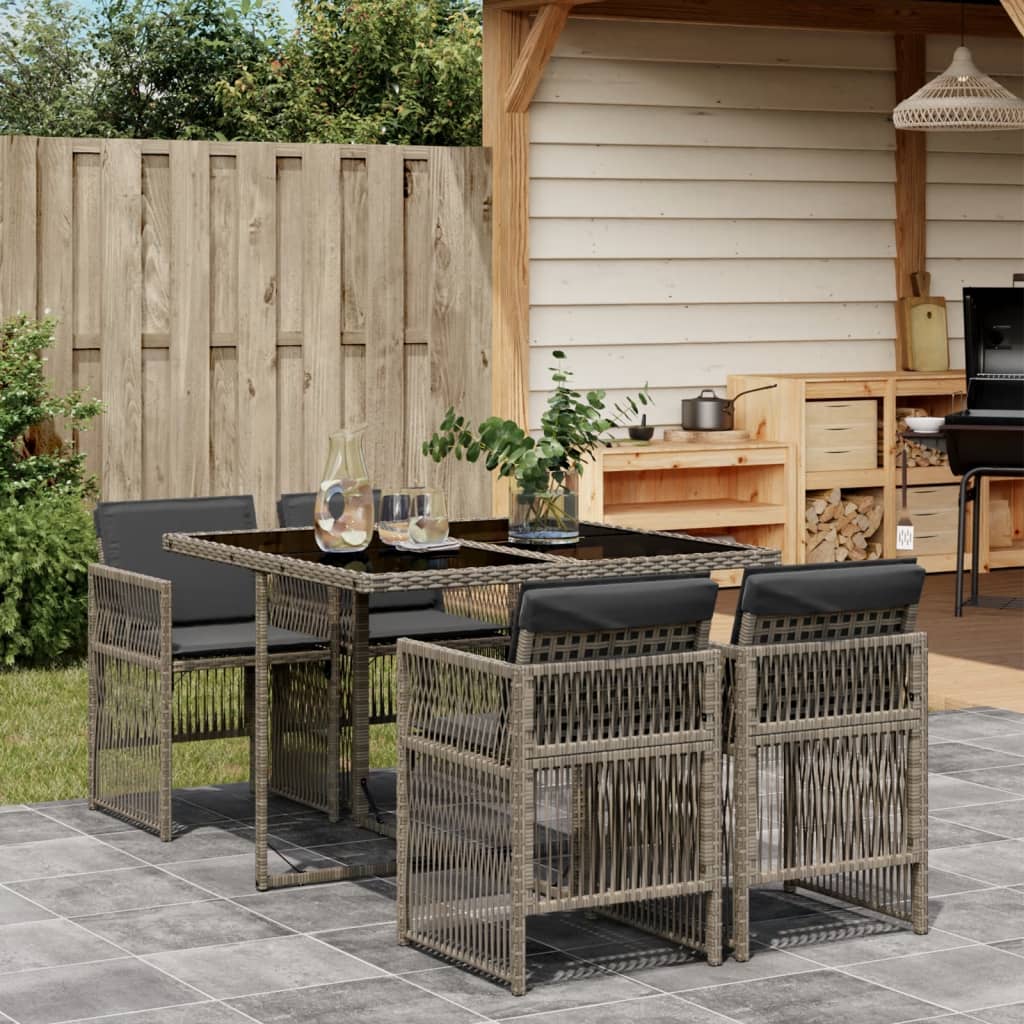 5 Piece Garden Dining Set with Cushions Grey Poly Rattan
