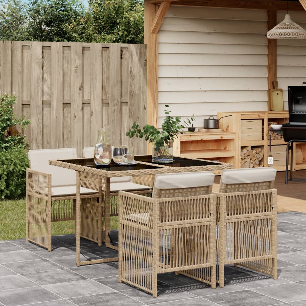 5 Piece Garden Dining Set with Cushions Beige Poly Rattan