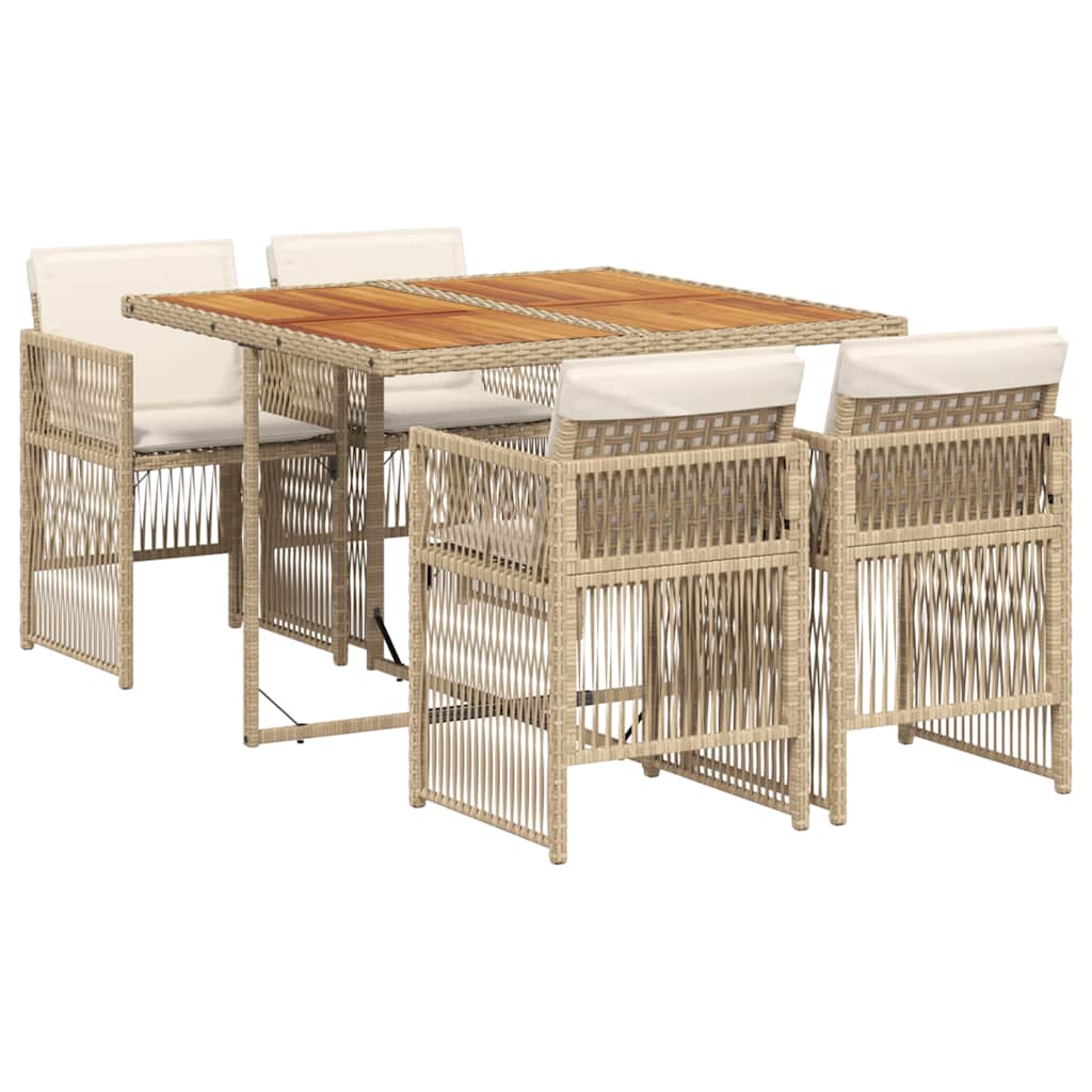 5 Piece Garden Dining Set with Cushions Beige Poly Rattan