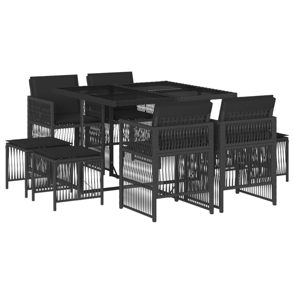 9 Piece Garden Dining Set with Cushions Black Poly Rattan
