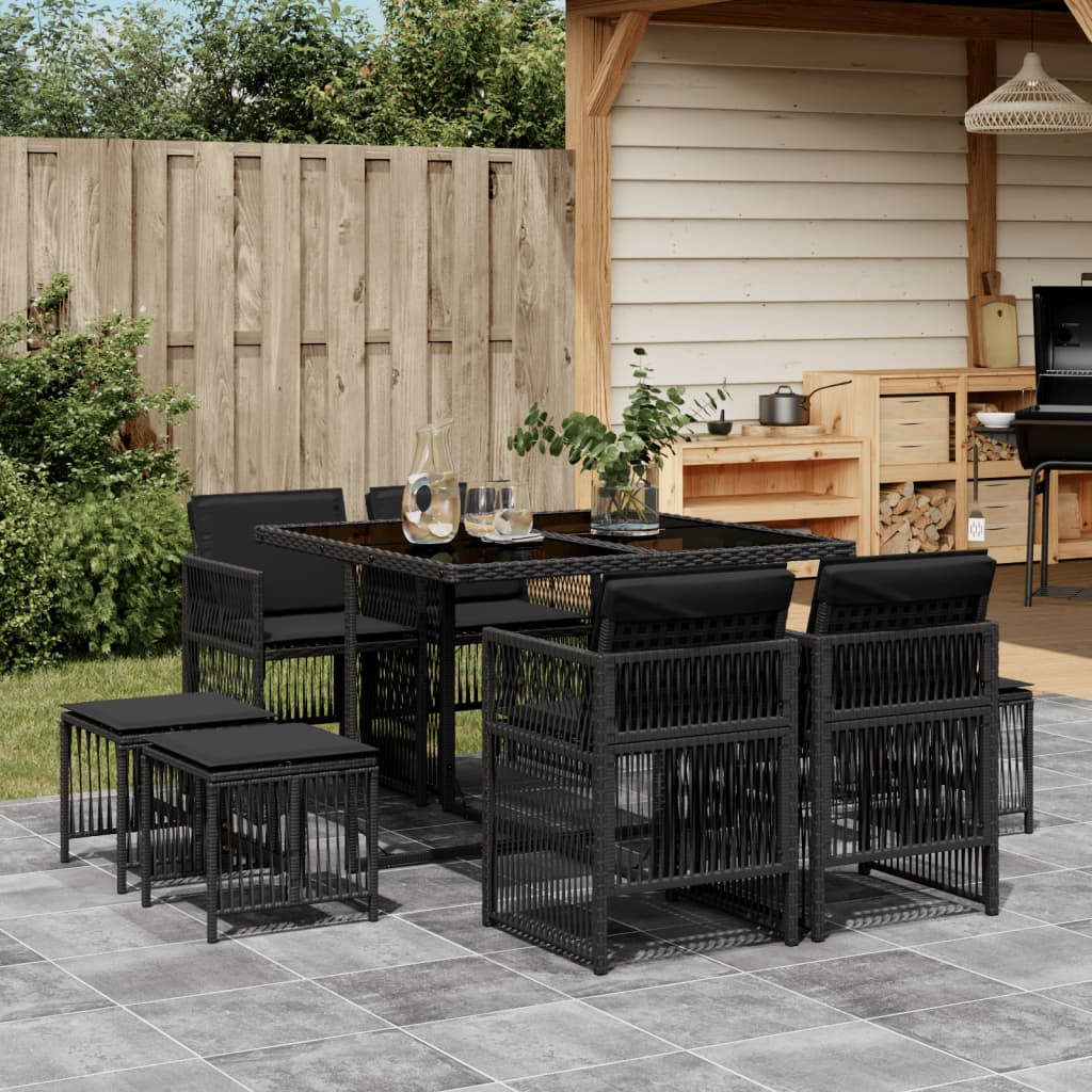 9 Piece Garden Dining Set with Cushions Black Poly Rattan
