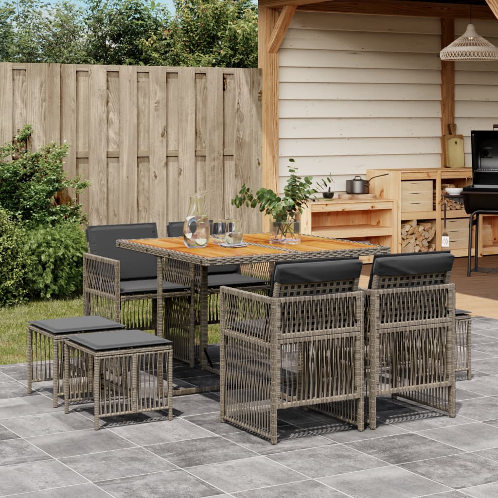 9 Piece Garden Dining Set with Cushions Grey Poly Rattan