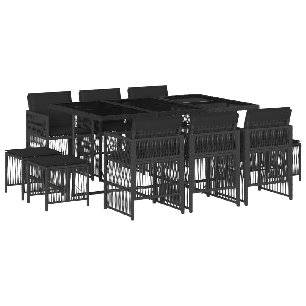 11 Piece Garden Dining Set with Cushions Black Poly Rattan